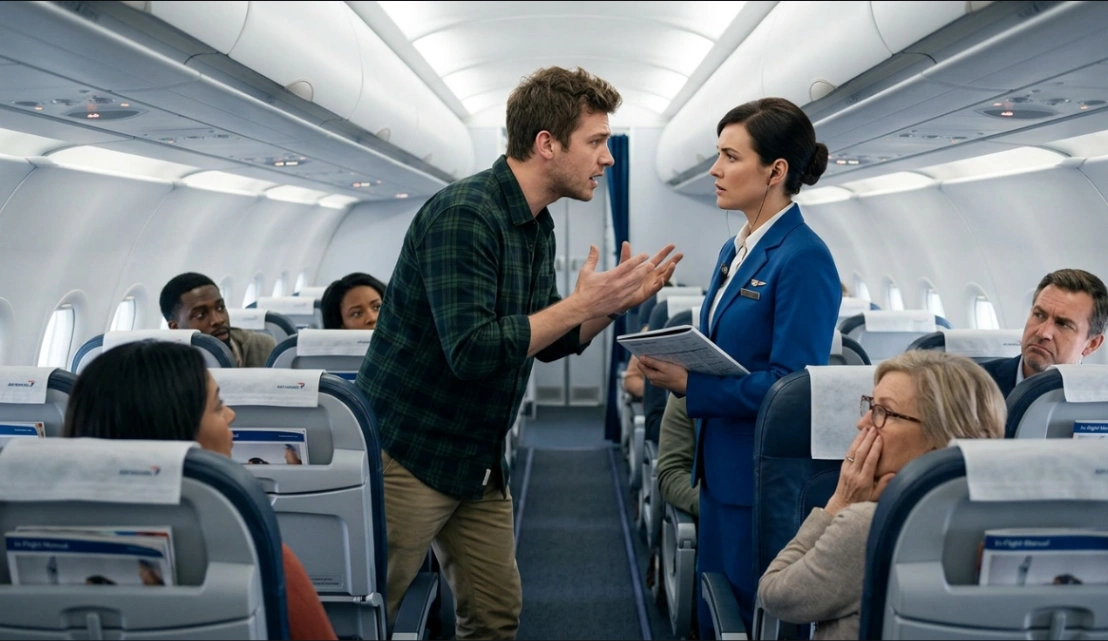 A male passenger in a green plaid shirt and khaki pants stands in the aisle, gesturing urgently with both hands as he argues with a female flight attendant.