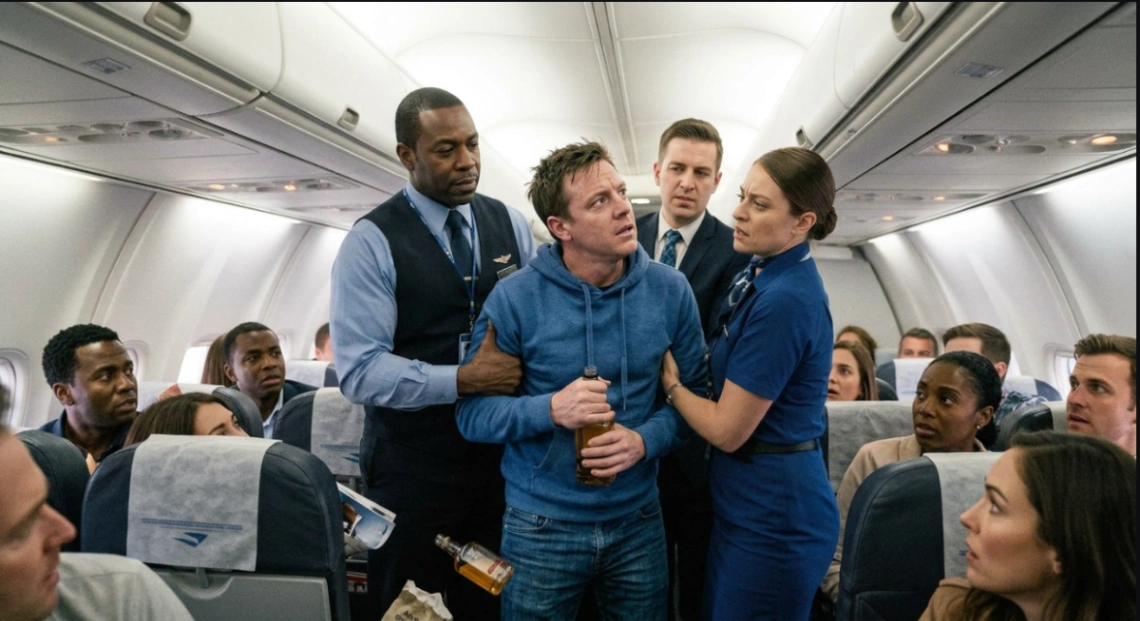 flight crew members restraining an unruly, intoxicated passenger in the aisle of a commercial airplane.